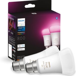 Philips Hue White and Colour Ambiance Smart Bulb Twin Pack LED [B22 Bayonet Cap] - 800 Lumens 60W Equivalent