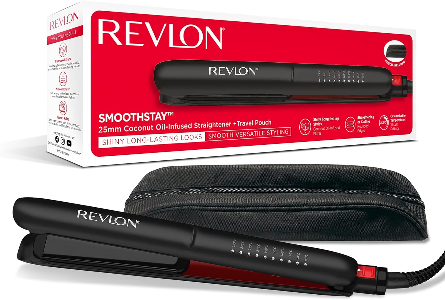 Revlon Smoothstay Coconut Oil-Infused Hair Straightener | 25mm Ceramic Plates, Floating Plates with Rounded Edges, Customizable Temperature up to 235°C